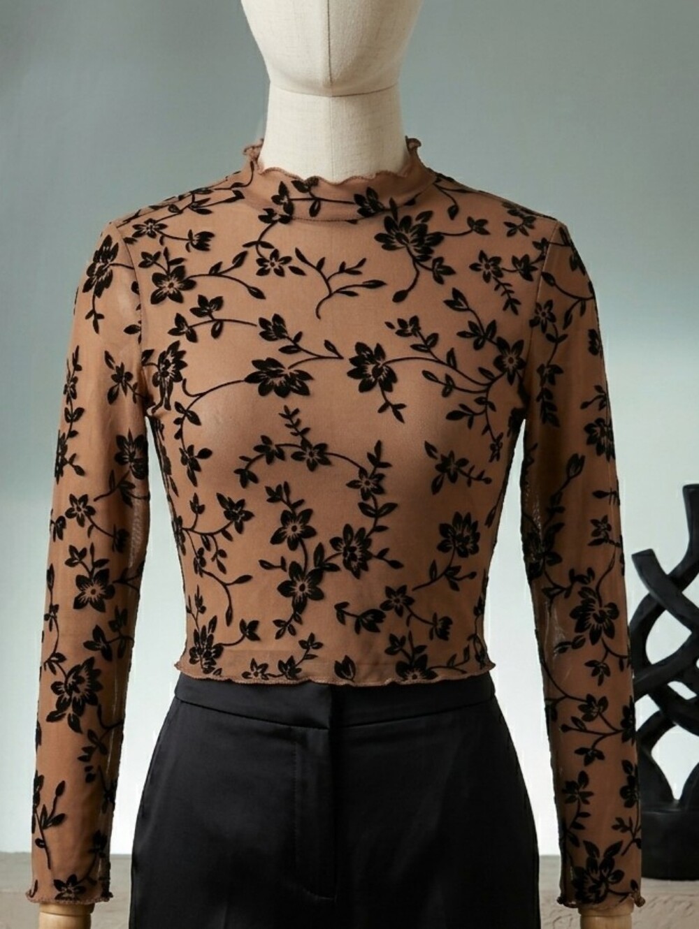 Mesh Crop Top Nuetral & Floral Burnout Taupe Background Black Velvet Jacquard XS